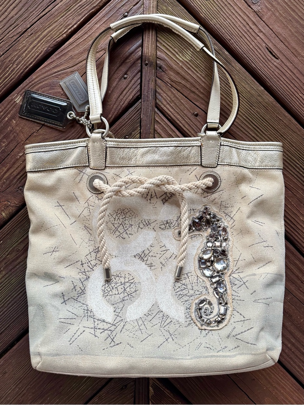 Coach Audrey Leigh Canvas Op Art Seahorse Beach Tote Limited Edition